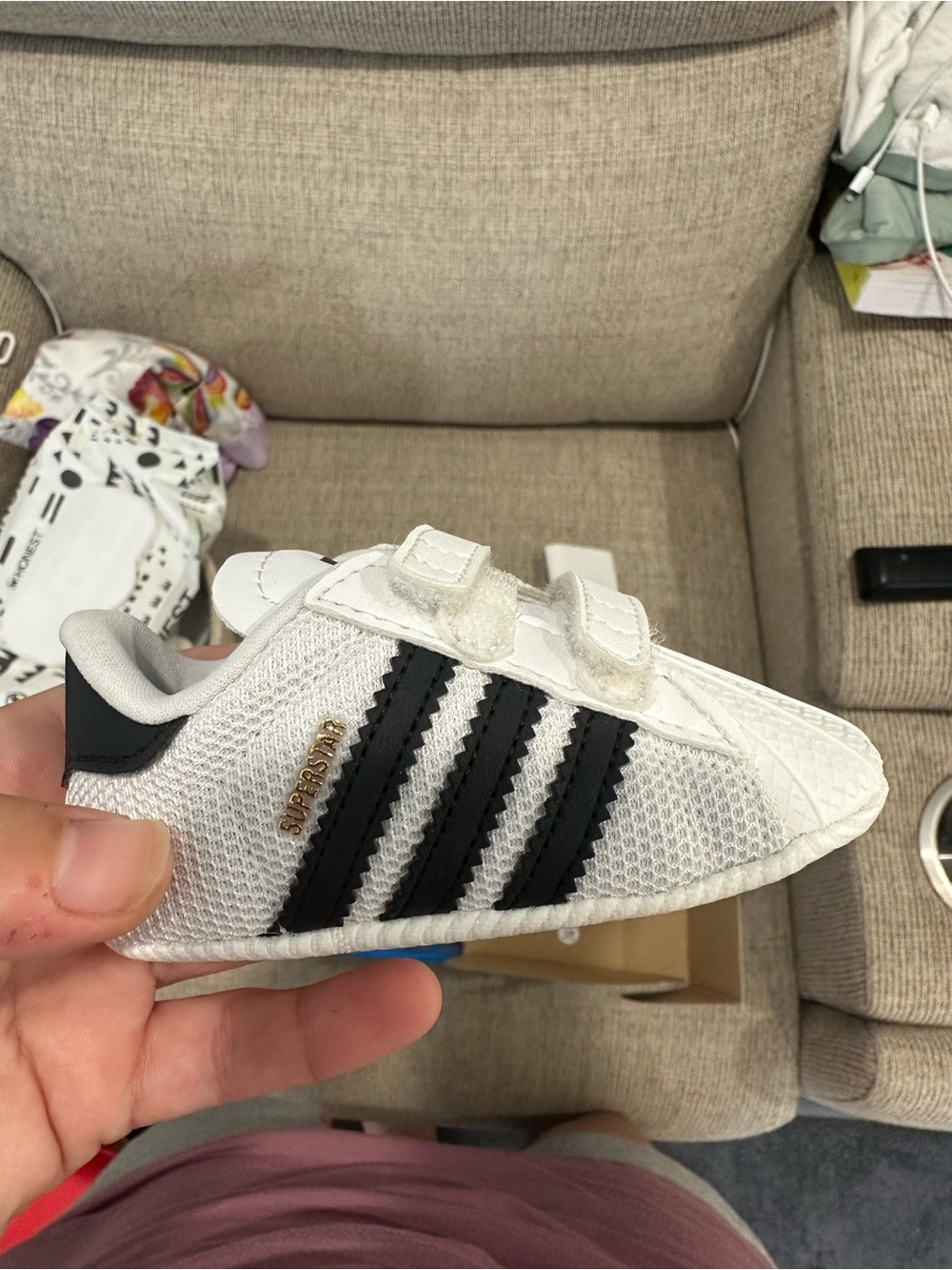 Adidas Crib shoes White & Black Superstar Velcro Sneakers